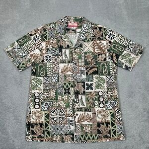 Vintage RJC Mens Hawaiian Shirt Medium Green Tan Tribal Patchwork Sea Turtle USA